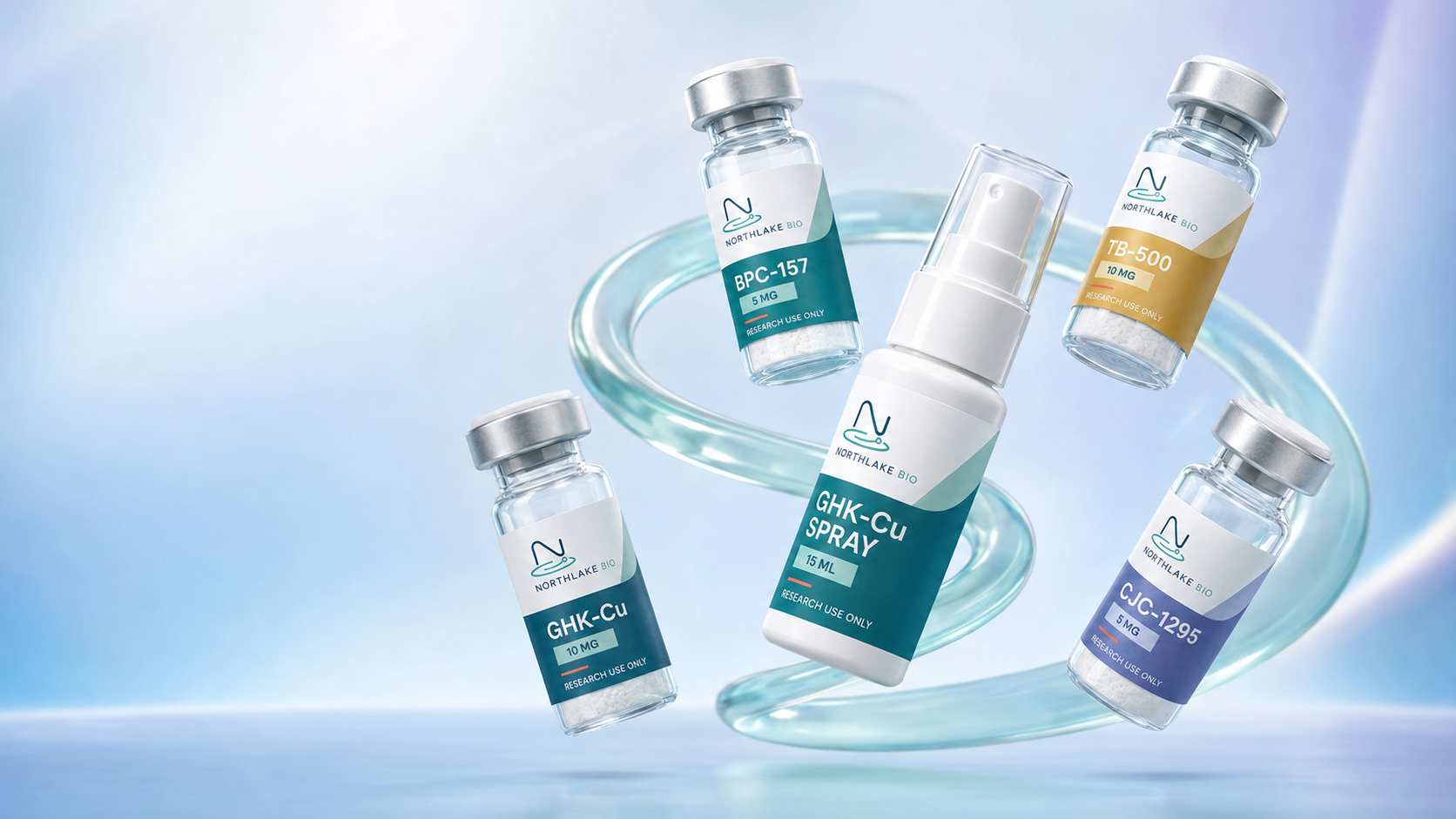 Northlake Bio — a labelled research vial encircled by an orbital ring of catalog vials